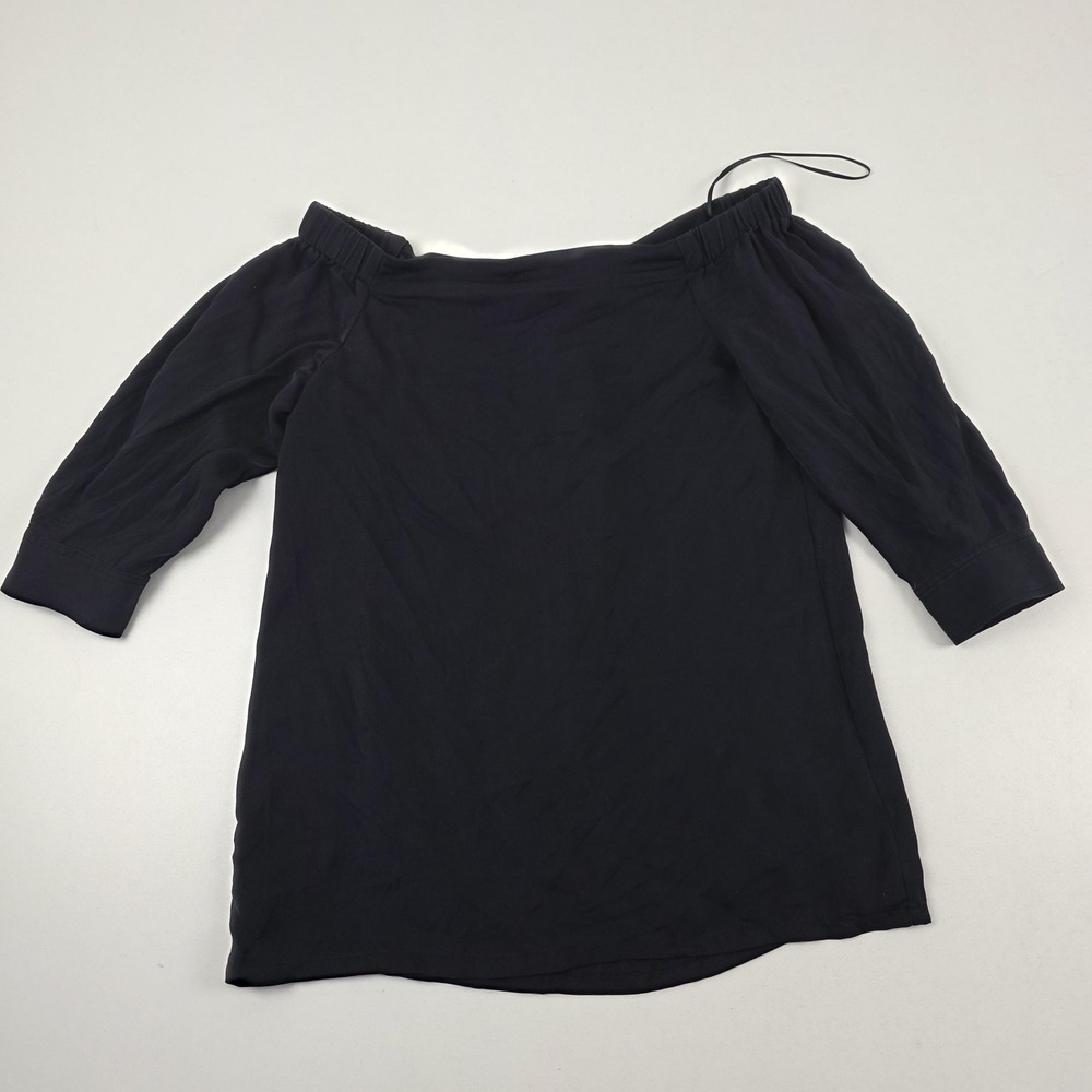 Theory Top Womens Petite Black‎ 100% Silk Off Shoulder 3/4 Sleeve Blouse Dressy